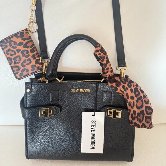 NWT STEVE MADDEN BLACK BZELDA 2 SATCHEL CROSSBODY BAG W CREDIT CARD CASE SCARF - Picture 1 of 6